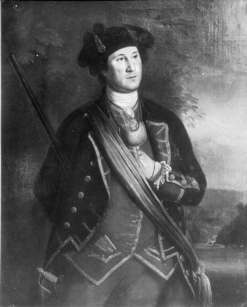 A painted portrait of young George Washington in the uniform of a British Colonial Colonel. The portrait was possibly made by Peale (Charles Wilson?) and owned by Washington and Lee University.