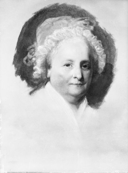 A portrait of George Washington's wife, Martha Washington by Gilbert Stuart.