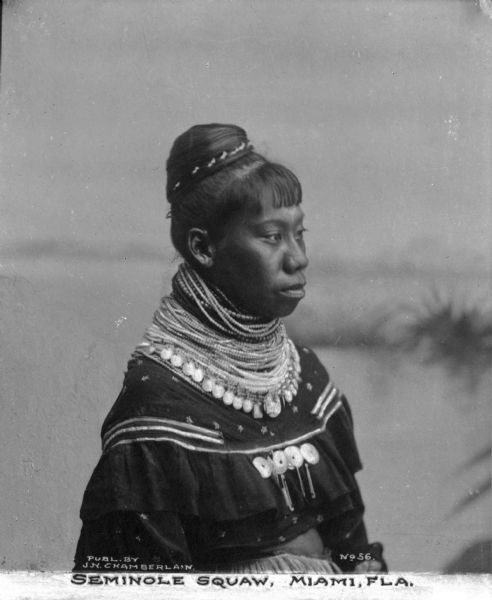 Waist-up portrait of a Seminole Native American woman wearing a native outfit featuring many necklaces around her neck, and with her hair in a bun. Caption reads: "Seminole Squaw, Miami, Fla."