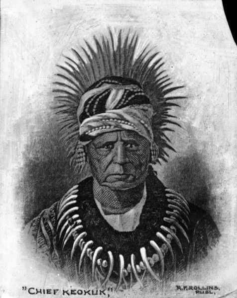 A copy of a portrait of Chief Keokuk (1767–1848), who was an orator of extreme eloquence and noted for his policy of cooperation with the U.S. government. Caption reads: "Chief Keokuk."
