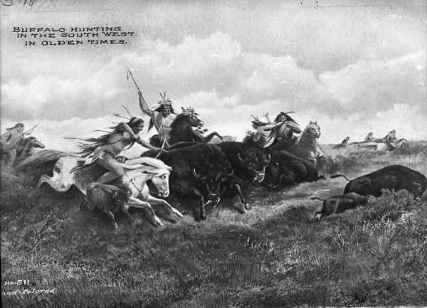 Depiction of Native Americans buffalo hunting in North Dakota on horseback. A copy of a painting, possibly from 1907. Caption reads: "Buffalo Hunting in the South West in Olden Times."