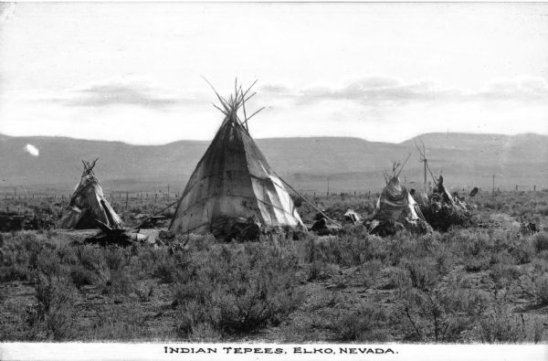 A view of four Native American tepees. Caption reads: "Indian Tepees, Elko, Nevada."