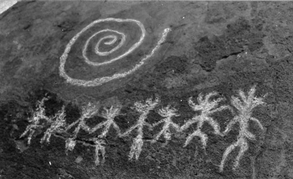 A view of Native American petroglyph rock engravings near Tucson.