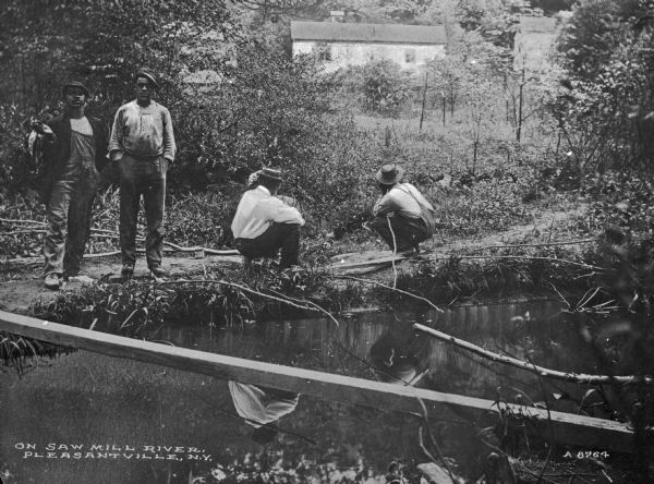 View across river toward four African American men posed standing and squatting on the opposite riverbank of the Saw Mill River. Buildings are among trees in the background. Caption reads: "On Saw Mill River, Pleasantville, N.Y."