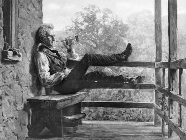 A copy of a painting of a man sitting on a porch, entitled "Independence" by Frank Blackwell Mayer (1827-1899), a prominent 19th century American genre painter. The painting is from the National Collection of Fine Arts of the Smithsonian Institute in Washington D.C.