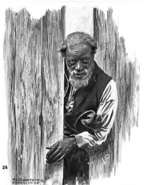 A view of an elderly bearded African American man leaning out of a wooden door.