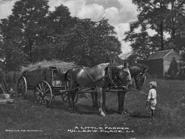 A view of a small boy feeding two horses pulling a wagon full of hay. Caption reads: "A Little Farmer, Miller's Place, L.I."
