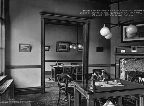 Interior view of the President's and Director's rooms. Caption reads: "President's and Directors' Rooms, Rock Springs National Bank, Rock Springs, WYO."
