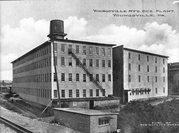 A view of the Youngsville Mfg. Co.'s Plant. Caption reads: Youngsville M'F'G. Co's. Plant, Youngsville, PA.