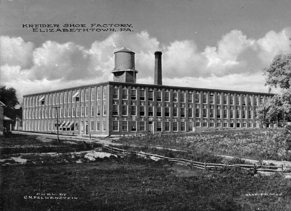A view of the exterior of the Kreider Shoe Factory.
