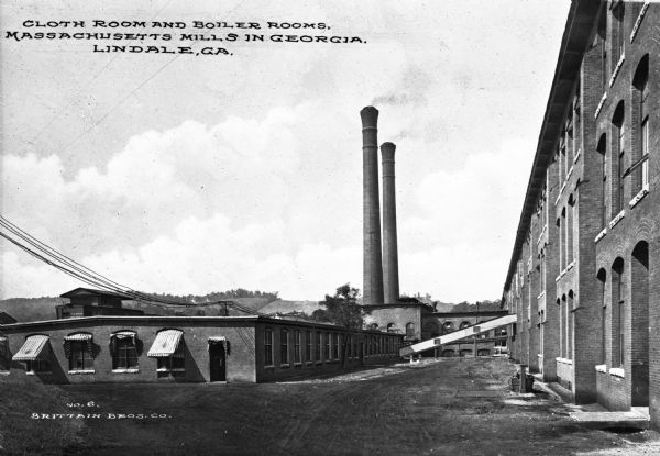 A view of the Massachusetts Cotton Mill buildings, including the cloth room and the boiler rooms.