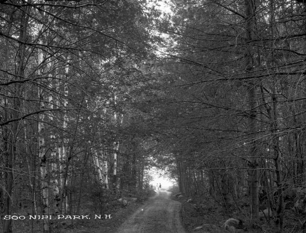 A view of a road running through the woods toward the Lake Sunapee (Soo Nipi), with people in the distance. Caption reads: "Soo Nipi Park N.H."