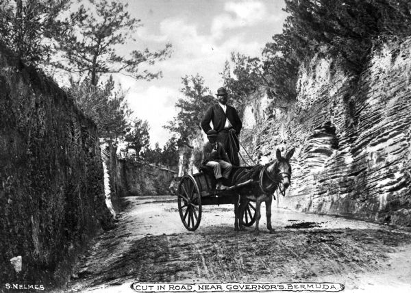 A view of a man and boy posed on their mule-drawn wagon in the middle of a dirt road, which appears to be cut through the surrounding rock formation. Caption reads: "Cut in Road Near Governor's Bermuda." 