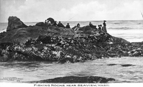 Elevated view across water toward large rocks from which people are fishing. Caption reads: "Fishing Rocks, Near Seaview, Wash."  