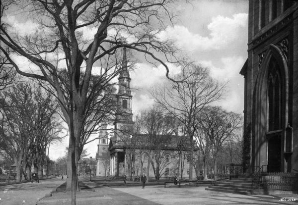 View of the First Congregational Church, built in 1814, and the tree-lined street in front of it.