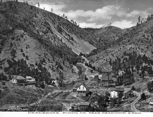 Elevated view of Deadbroke Mining Company nestled in a valley. In the foreground are a small number of dwellings and roads, and cut lumber. Caption reads: "Deadbroke Mining Co. Near Deadwood, S. Dak."