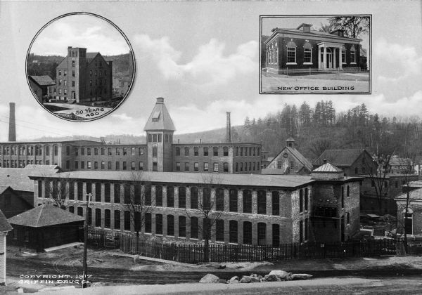 Composite of views, including an elevated view of Sulloway Mills, and insets captioned "50 Years Ago" and "New Office Building."