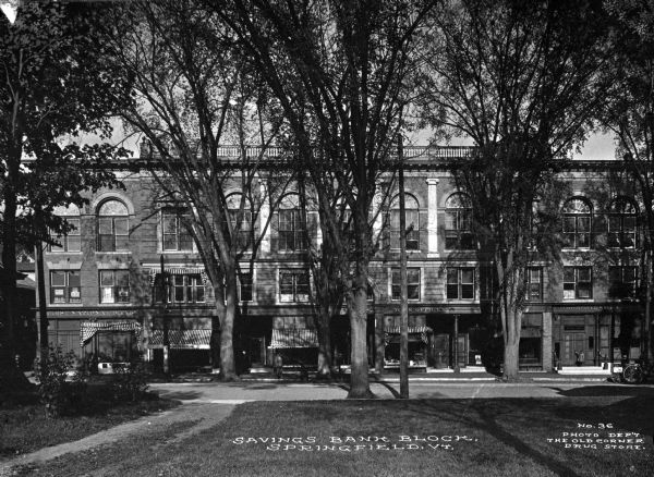 View of the Springfield Savings Bank block from a park across the street including large trees. Caption reads: "Savings Bank Block, Springfield, VT."