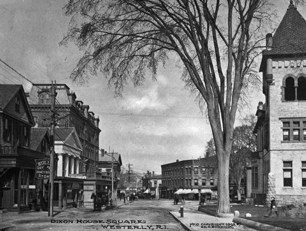 Street scene of Dixon House Square. Caption reads: "Dixon House Square, Westerly, R.I."