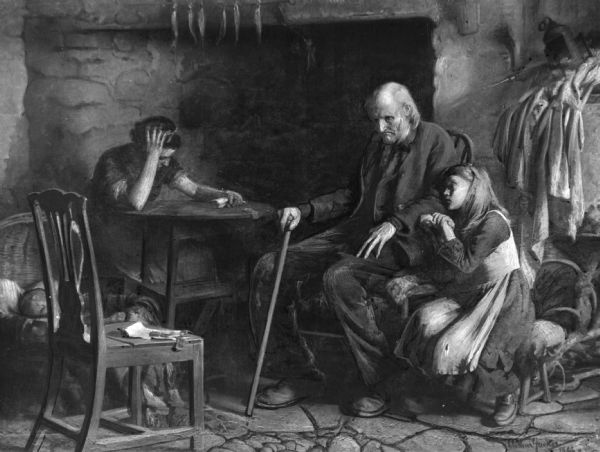 Close-up of a painting depicting three people sitting in a room with a stone floor in front of a fireplace. A woman sits at a table with her head in her hand, and an old man with a cane sits nearby with a girl leaning on his armrest.