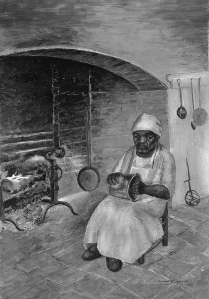 Amateur painting by Eleanor R. Craighill. Representing a woman in an apron and hat polishing(?) a pot in front of the kitchen fireplace in the Governor's Palace. In the background cooking utensils hang on the wall.