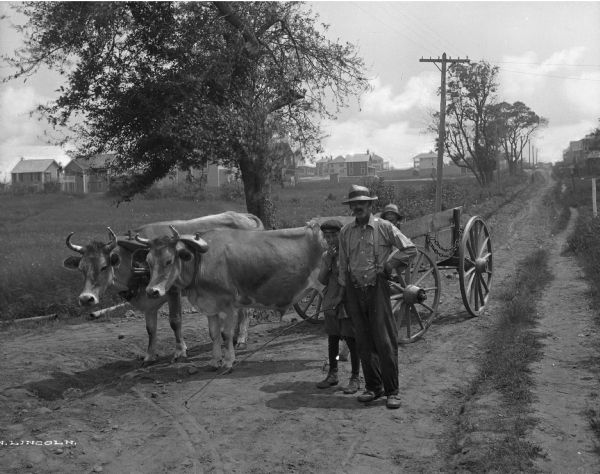 View of man and children on a tree-lined dirt road with an ox-drawn wagon. The man stands in the foreground holding a whip with the children just behind him and houses are in the background.