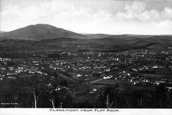 Elevated view of town and surrounding hills taken from Flat Rock. Caption reads: "Claremont, from Flat Rock."