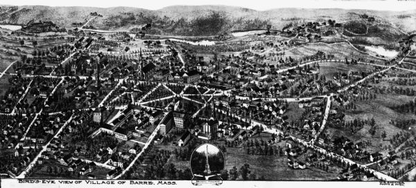 Bird's-eye drawing of town, with an inset at bottom center of the Soldiers' Monument. Caption reads, "Bird's-eye view of Village of Barre, Mass." 