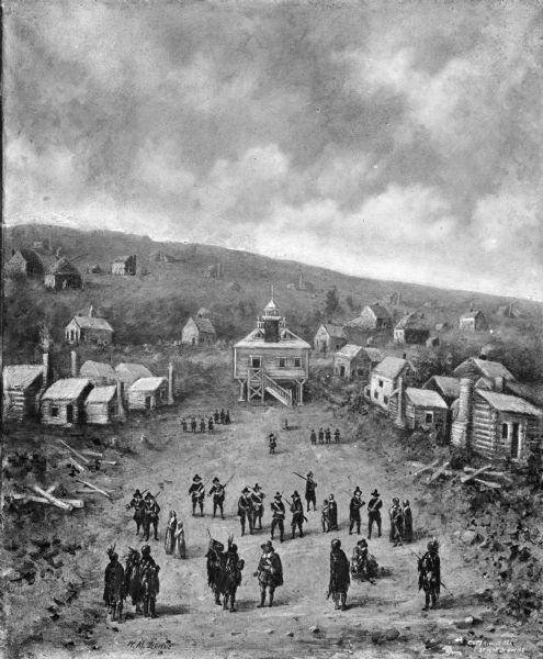 Painting of an elevated view of Pilgrims and Native Americans meeting in a town.