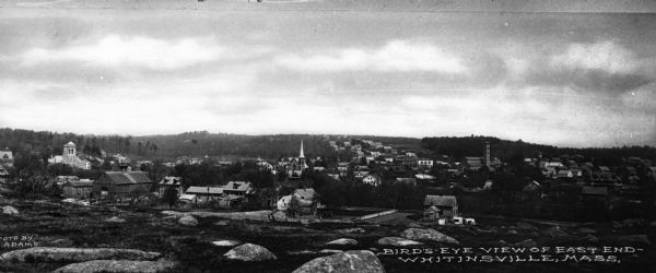 Panoramic view of the town's East end and surrounding woods. Caption reads, "Bird's-eye view of East End, Whitinsville, Mass."