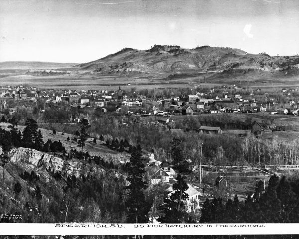 Elevated view of town with the U.S. Fish Hatchery in the foreground, the town in the distance and a gently sloping mountain in the background. Caption reads, "Spearfish, S.D. U.S. Fish Hatchery in Foreground."
