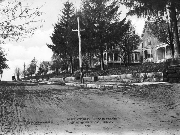 A view of Newton Avenue from the street with houses on the right. Trees line the street and partially obscure the houses, and a carriage in the distance is moving toward the camera. Caption reads: "Newton Avenue Sussex, N.J."