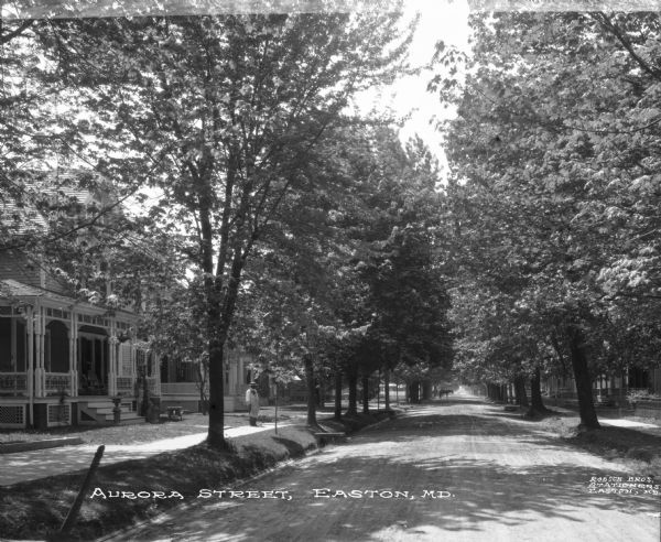 A view of Aurora Street. Trees line the way, partially obscuring the houses. A man in a hat and apron stands on the left side of the street. Printed in the bottom center: "Aurora Street, Easton, MD." 