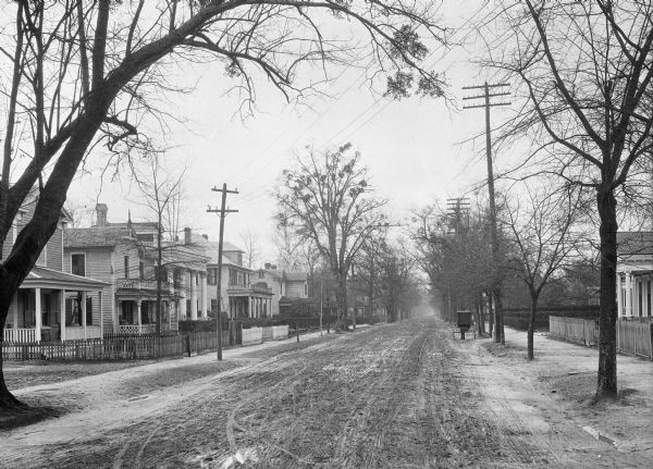 A view of Washington Street. Trees line the street, as do telephone and/or electric lines. A carriage is parked on the right side of the street, in the middle ground.