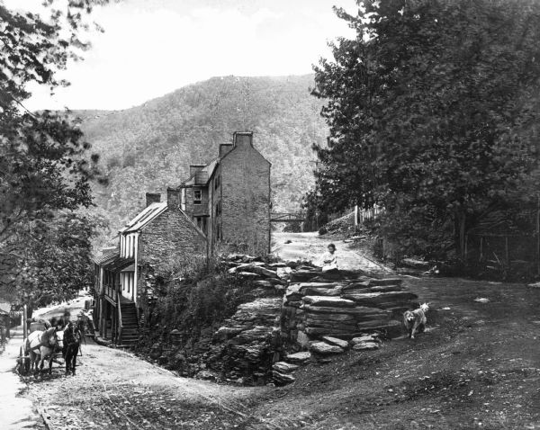A view of High Street and the Public Walk. In the right foreground is a girl sitting on a group of large rocks while a dog stands in front of the rocks. In the middle are a group of buildings. On the left, coming up the hill, toward the camera, is a horse-drawn cart. Trees abound, lining High Street and in the background on a hillside.
