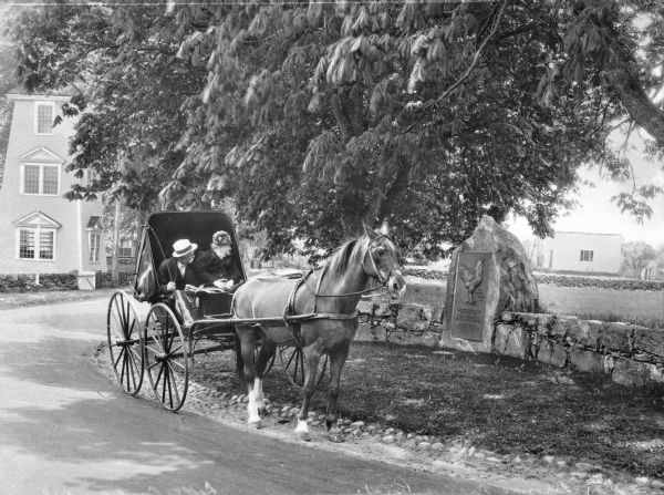 A man and woman are sitting in a carriage that has been pulled to the side of the road. They are looking at a historical marker under a tree. 

The Rhode Island Red is a utility chicken, raised for meat and eggs, but also as show birds. They are a popular choice for backyard flocks.

The Rhode Island Red Club of America, a chicken breeder organization founded in 1898, raised the funds for a monument in Adamsville because the Rhode Island Island Red was first bred near the village in the 1850s. The sculpture was completed in 1925 by Henry L. Norton. In 2001 the sculpture was added to the National Register of Historic Places.