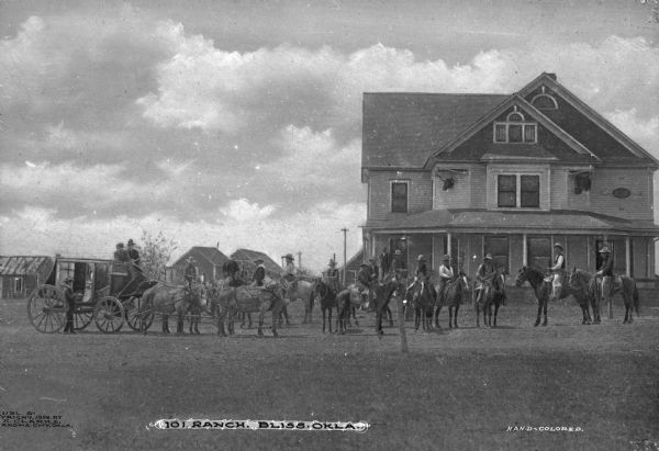 A group of men pose on horseback in front of the ranch house, with some men sitting in a the carriage. Behind the carriage are the outbuildings on the left. Caption reads: "101 Ranch.  Bliss, Okla."

In 1975 the ranch was designated as a National Historic Landmark.
