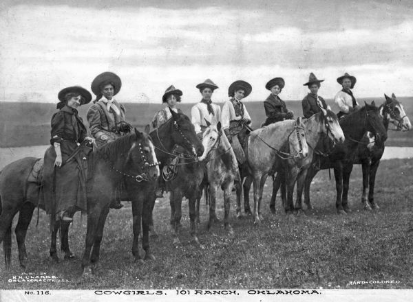 Group portrait of eight cowgirls on horseback lined up on a low rise with a river or stream behind them. Caption reads: "No. 116 Cowgirls, 101 Ranch, Oklahoma."

In 1975 the ranch was designated as a National Historic Landmark.