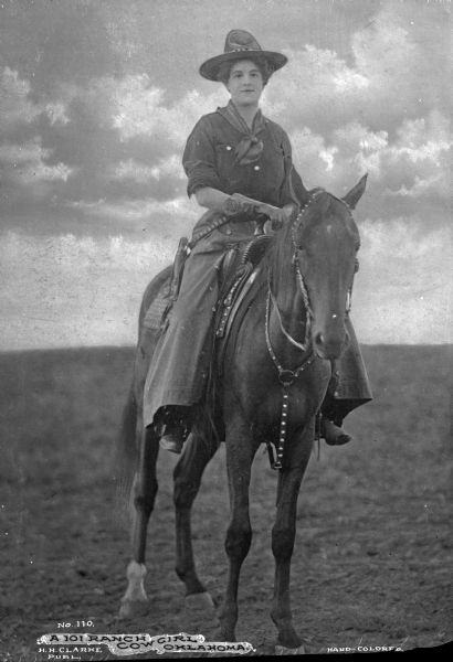 Portrait of a cowgirl sitting on her horse. She is wearing a work shirt, skirt, and hat. Caption reads: "A 101 Ranch Cow Girl, Oklahoma."

In 1975 the ranch was designated as a National Historic Landmark.