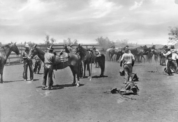 Cowboys unsaddling their horses in a fenced area, with a group  of unsaddled horses in the background.