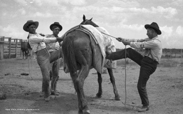 Three ranch hands tie a pack to a horse. Each man has foot against the horse, tightening the rope in order to have a stable pack. In the background to the left is a fence.