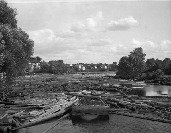Elevated view of a log jam in the middle of the river. Logs are stuck on a small sandbar in the foreground. Trees are on both sides of the water, and houses and other structures are in the background.