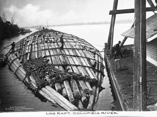 View of a log raft secured to a dock or barge on the right. Men are standing on the raft chaining the logs together in one compact load. A man is walking near a building on the dock, which has an open structure made of timber standing over it. Caption reads: "Log Raft, Columbia River."