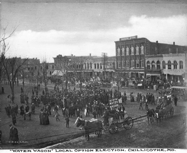 Elevated view of the crowds, standing in the street, on a green space, and in front of buildings. A wagon in the foreground holds a sign that reads: "Get on the Water Wagon." Caption reads: "'Water Wagon' Local Option Election, Chillicothe, Mo."