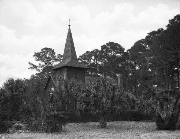 View across lawn with palm trees and a row of hedges toward the church. Tall trees are in the background on the right.
