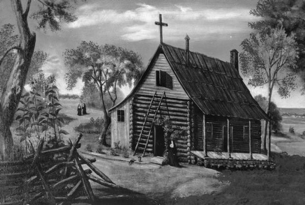 1836 illustration of a log structure that has a cross of the roof. A nun stands in front of the building, while two other nuns walk down a path on the left towards the structure.