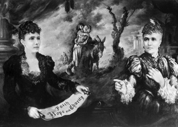 A painting, possibly a portrait of the two founders of the Switzer Foundation for Girls, Margaret and Sarah Switzer. A woman on the left is holding a scroll open between her hands that reads: "Faith, Hope, and Charity." The woman on the right is pointing a finger towards the left front, and in the background a person is holding a child in their arms while standing next to a donkey amongst trees and classical ruins.