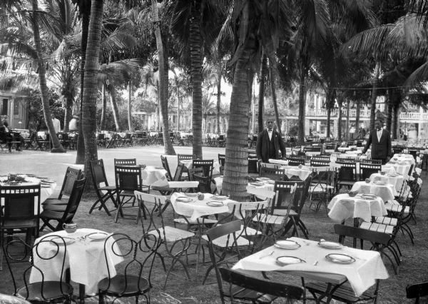 A view of an outdoor seating area at Royal Poinciana Hotel. Numerous tables are arranged around the perimeter of a courtyard, each set with a tablecloth, plates, and silverware. Palm trees stand between the tables and two men, possibly waiters, stand to the right.