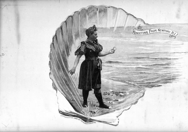 A woman in a bathing suit stands on the beach and holds what appears to be a seashell. The ocean is in the background. This woman is contained within a shell which has a little banner that reads "Greeting from Newport, R.I."