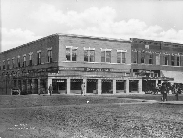 A view of the business district. Business signs read: "Livingston's," "Cully Merc. Co.," "J.C. Tucker," "Ottawa Land & Trust Co.," "Geo. R. Bland" and "Ogden Williams."